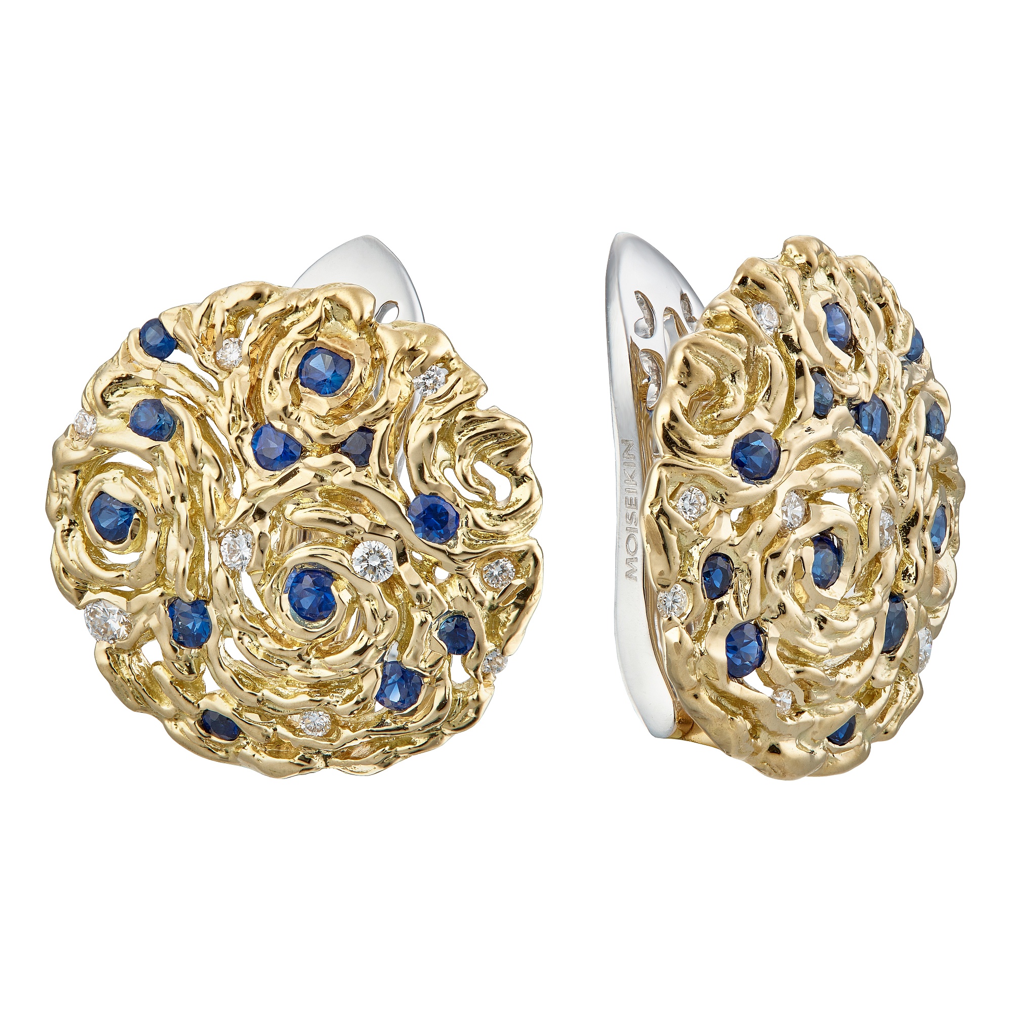 Earrings collection Starry Night, MOISEIKIN, Diamonds, Sapphires, 18K Yellow Gold