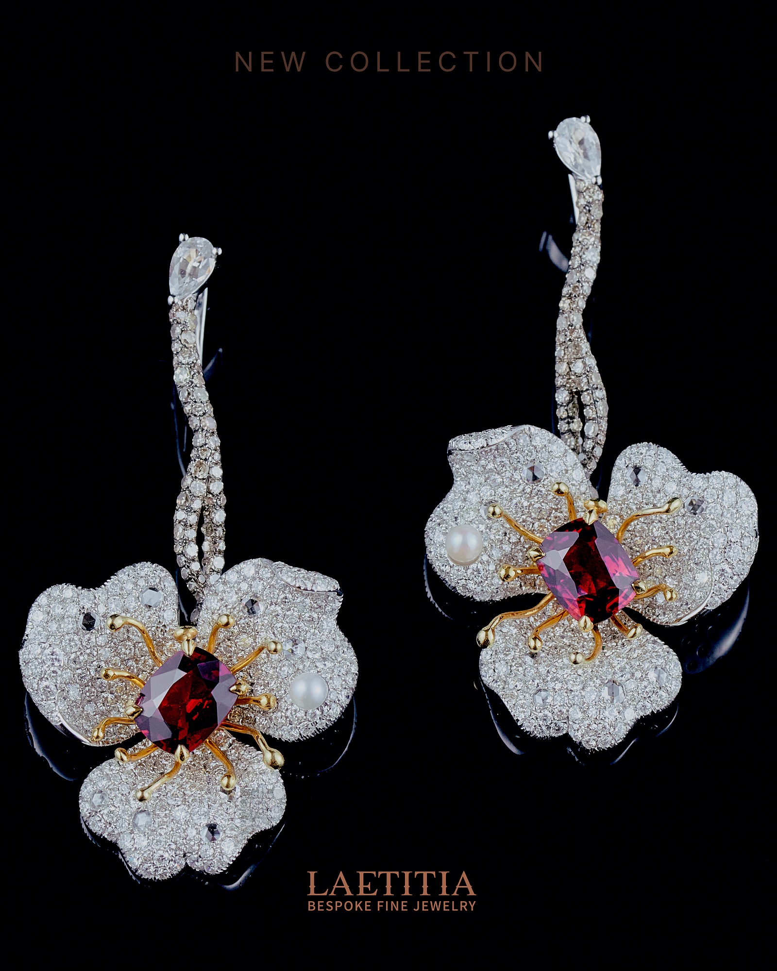 Earrings collection Oriental Garden, LAETITIA, Spinels, Diamonds, Brown Diamonds, Sapphires, Pearl | Photo 3