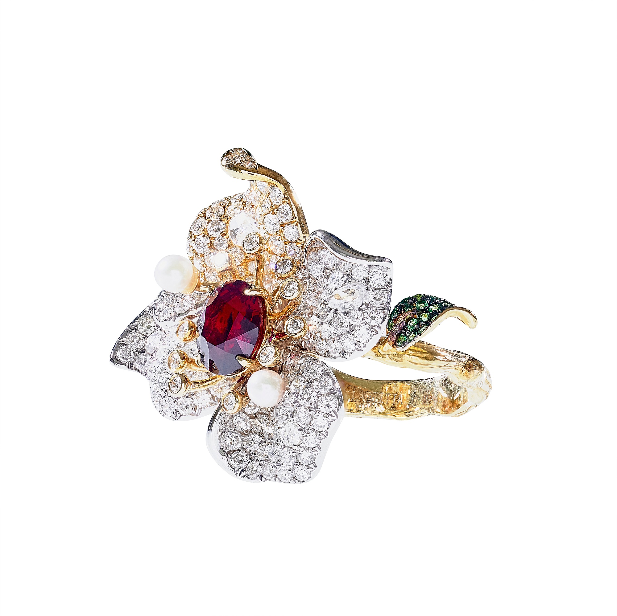 Ring collection Oriental Garden, LAETITIA, Ruby, Diamonds, Garnets, Sapphires, Pearl, 18K Gold | Photo 2