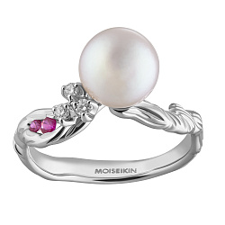 Ring collection Almond Blossom, MOISEIKIN, Diamonds, Rubys, Pearl, 18K White Gold | Photo 1