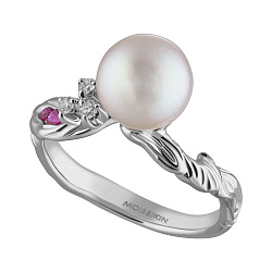 Ring collection Almond Blossom, MOISEIKIN, Diamonds, Rubys, Pearl, 18K White Gold | Photo 1